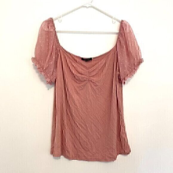 NEW AMBIANCE Plus Size Mauve Pink Short Mesh Swiss Dot Puff Sleeve Blouse JRS ? - Picture 1 of 12